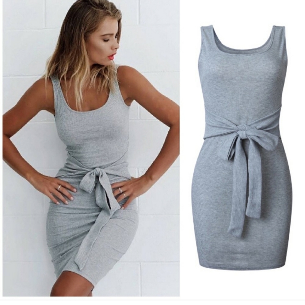 Gray Knitted Tank Sleeveless Tied Waist Mini Dress